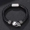 Charm Bracelets Punk Jewelry Men Black Braided Leather Skull Bracelet Skeleton Stainless Steel Magnetic Buckle Wristband Male Bangle Gift