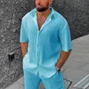 Tute da uomo Estate Uomo Semplice Solido Due pezzi Set Camicia con bottoni bavero Pantaloni lunghi Abito casual Ufficio Manica corta Abiti larghi 230503