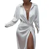 QNPQYX New Casual Women Dresses Satin Silk Sexy Dress Long Sleeve Party Women Night Club Soft Autumn Solid Split Turn Down