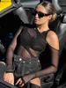 Kvinnors jumpsuits Rompers Mesh Sheer Long Sleeve Bodysuit 2023 Summer Spring Sexy Perspective Gazy Shinny One Piece Female Streetwear Slim Tops T230504