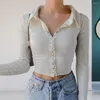 Blouses Femme Couleur Unie Revers Manches Longues Boutons Patte Femmes Chemisier Fête Slim Côtelé Rayé Court Pull Chemise Streetwear