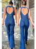 Kvinnors jumpsuits Rompers Blue Backless Heart Cutout Bodycon Jumpsuit för kvinnor Summer ärmlösa Slim Outfits Retro Denim Jumpsuits 230503