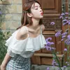 Women's T Shirts Sweet Wind Snow Spin Top Women's Clothing 2023 Summer Arrival Fashion Style Purple Off Shoulder Sexy Ruffle Strap