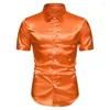 Chemises décontractées pour hommes couleur unie brillante chemise à manches courtes pour hommes bouton vers le bas des années 70 Disco Party boîte de nuit masculine