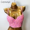 T-shirt cupnaya rosa kristall kvinnor sexig spandex skörd topp spaghatti rem bustier inuti rörkamisol korsett bralette glänsande klubbkläder