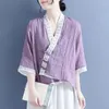 Women's Blouses Summer Retro Ethnic Cotton And Linen Shirt Chinese Style Buckle Lace-up Three-quarter Sleeve Stitching Cardigan Thin Top