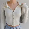 Blouses Femme Couleur Unie Revers Manches Longues Boutons Patte Femmes Chemisier Fête Slim Côtelé Rayé Court Pull Chemise Streetwear