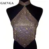 Камизолы танки Gacvga Shinning Crystal Diamond Top Top Summer Backless Frunt Trube Halter Sexy S Camis Women Tank Blusa 230503