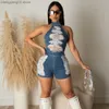 Women's Jumpsuits Rompers Echoine Sleeveless Halter Denim Playsuit Sexy Hollow Out Hole Tassel Jeans Summer Party Club Women Jumpsuit Streetwear Outfits T230504