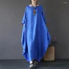 Casual Dresses 2023 Summer Autumn Big Size Shirt Topps Women Lose Vintage Blue Boho Cotton Linen Maxi Robe Fashion Female 4xl 5xl Q293