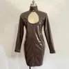 Günlük Elbiseler Bayanlar Düğme Boyun PVC Deri Elbise Sahte Lateks Uzun Kollu Mini Seksi Parti Kutup Dansı Clubwear Yenilik Kalem Vestido