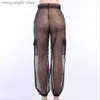 Kvinnor Pants Capris Woman Organza Pant Solid Color Pocket Perspektiv Perspektiv Mesh Byxor S-L T230504