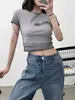 Dames T-shirt Crop Top Woemns Borst d Borduur Oud Roergebakken Kleur Slim Fit Elastisch T-shirt met korte mouwen Ultrakorte stijl Slanke top Y23