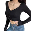 Women's T Shirts Women Knit Button Down Crop Cardigan Sweater Long Sleeve V-Neck Bodycon T-Shirts M6CD