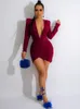 Casual Dresses Kexu Velvet Deep V-hals Ruched Oregelbundet sexigt party Night Club Birthday Women Dress Fall Long Sleeve Bodycon Bandage Mini