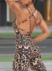 Kobiety Jumpsuits Rompers Leopard Print Sexy Bodysuit Kobiety Backless Cross Romper Gym