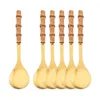 Dinnerware Sets 6Pcs Bamboo Wooden Handle 304 Stainless Steel Salad Spoon Fork Long Serving Large Spork Tableware Gold Cutlery