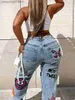 Women's Jeans LW Plus Size Butterfly Letter Print Ripped Women Large Denim Fashion Straight Pants Streetwears Trousers(2 Colors) T230504