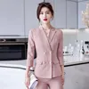 سراويل سراويل للسيدات S-4XL Womens Pant Suits الخريف الربيع الإناث 2PCS يضع ثلاثة ربع ربع الأكمام سيدات مخططة مزدوجة