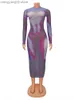 Robe de fête Robe de forme de carrosserie d'impression esthétique Femme Femme Crewneck Long Sketny Streetwear Mesh Sheer Voir à travers Vestidos T230504