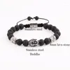 Strand Design Lava Rock Stone Acier Inoxydable Bouddha Tête Vintage Réglable Bracelet Hommes Bijoux Cadeau