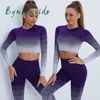 Yoga kıyafeti bymmaids dikişsiz yoga seti kadın gradyan sporu elbise uzun kollu spor topu tepe tozluk 2 adet fitness spor giyim p230504