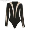 Women's Jumpsuits Rompers Woman Long Sleeve Short Jumpsuit Mesh Stripes Patchwork O Neck Short Bodysuit S-L K22K12275 T230504