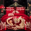 Sängkläder sätter 4st Luxury Loong Phoenix kinesisk stil röd broderi täcke täcke lakan bomullsbröllop set hem textil