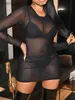 Casual Dresses LW SXY Slim Plain Crew Neck Mini Black See Through Bodycon Stretchy Wrapped Skirt Long Sleeve Bikini Cover-up T230504