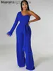 Jumpsuits voor dames rompers elegante koninklijke blauwe single schouder veer jumpsuits dames gebonden aan de voorkant brede benen jumpsuits nachtclub outfits t230504