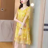 Casual Dresses Summer New Yellow Silk Short Sleeve Floral Print Dress Beach Style Oversized Loose and Slim Ruffled Silk Skirt 230505