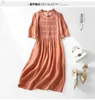 Summer Red Solid Color Ruched Silk Dress 1/2 Half Sleeve Round Neck Kne-Lengen Casual Dresses C3A250108