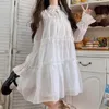 Casual Dresses HOUZHOU White Short Dress Women Japanese Fashion Kawaii Harajuku Preppy Korean Long Sleeve Oversize Lace Cute Aesthetic