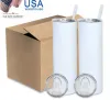 USA/CA Local Warehouse Sublimação em branco Canecas Canecas de aço inoxidável de 20 onças Tumbler branco reto com tampas e palhas Transferência de calor Garrafas de água R55