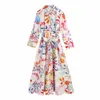 カジュアルドレスXeasy Summer Women Floral Print Bow Sashes Midi Lapel Dress Memach Chic 3クォータースリーブカジュアルスリムドレス230505