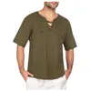 Hommes t-shirts hommes décontracté coton lin couleur unie col en V Chemise Simple à lacets à manches courtes haute qualité Homme Chemise