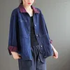 Giacche da donna Cappotto corto sciolto Lettera Top stampati Abbigliamento donna Giacca jeans da donna in denim blu retrò Abiti con risvolto Autunno Est