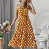 Casual Dresses Womens Halter Neck Dress With Belt Summer V ärmlös Beach Party Holiday Polka Dot Dropship