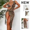 Sexy imprimé léopard Bikini Protection solaire trois pièces ensemble maillot de bain femmes plage