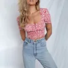 Kobiety T -koszulka Summer Puff rękawa Rucha T Shirt Square Fllar Ruffle Tien Up Slim Fit Crop Tops