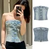 Women's Tanks COS LRIS Spring Women's Clothing Retro Old Sexy Off-the-shoulder Strapless Buckle-decorated Slim Denim Jacket 6045/010