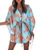 Casual jurken mode batwing mouw print veter mini jurk voor dames sexy v-neck casual losse boho vakantie korte jurken vrouw zomer 230505