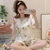 Vêtements de nuit pour femmes été femmes pur coton à manches courtes étudiants mignon dessin animé pyjamas mince coupe ample deux pièces ensemble style coréen doux