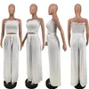 Women's Two Piece Pants White Summer 2pcs Set Off The Shoulder Strapless Crop Top Trimmed With Agaric Laces And Casual Drawstring Wide Leg