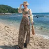 Dames tweedelige broek Zomer Boho Set Women Mesh Long Sleeve V Neck Crop Tops Split Wide Leg Vrouw Sexy Beach Holiday 2 Sets Pakken