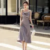 Vestidos casuais 2023 Primavera Summer Mulheres elegantes vestido de cetim Lady Lady Vintage Solid Sleesess Lace Up Strap Robe Corean Clothing Feminino vestidos