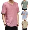 T-shirts pour hommes rétro hommes été T-Shirt lin losange mâle haut Patchwork manches courtes col en V vêtements pour hommes