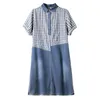 Casual Dresses Women's Clothing Summer Vintage Plaid Print Patchwork Denim Midi Dress Simple Casual Short Sleeve Loose Streetwear Jean Dresses 230505