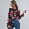 Blouses Femme Femmes Automne Puff Manches Longues Chemisier En Mousseline De Soie Élégant Noeud Noué Cou Chemises Imprimées Florales Froncé Poignets À Volants Casual Lâche