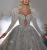 Exquisite Ball Gown Wedding Dresses Long Sleeves V Neck Sequins Applique Lace Ruffles Bridal Gowns Beads Diamonds Formal Dress Plus Size Custom Made Vestido de novia